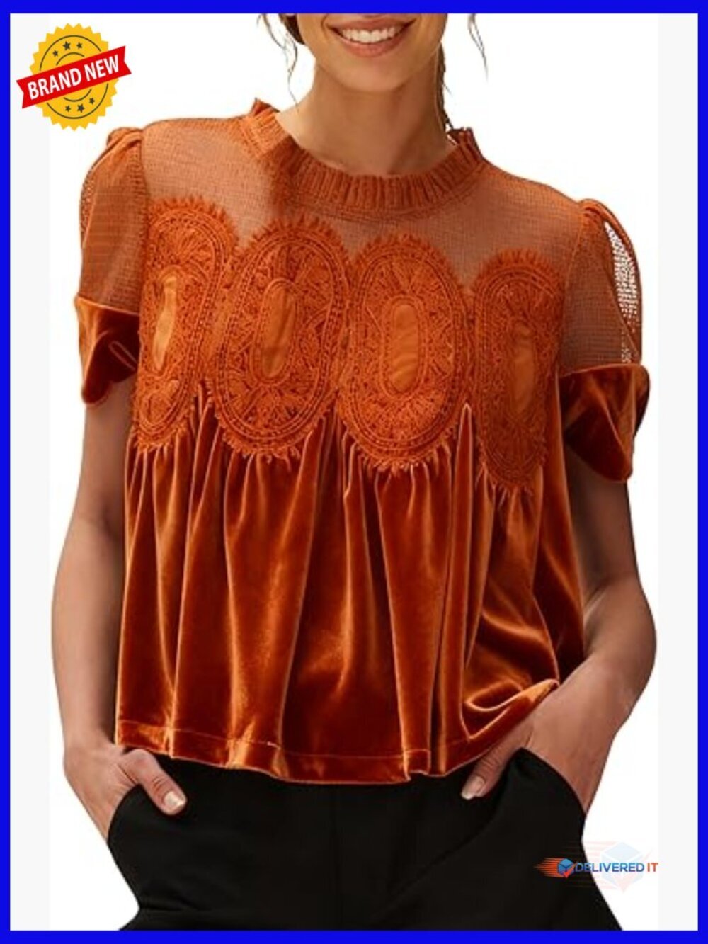 Womens Velvet Lace Blouse Round Neck Short Sleeve Swing Top Flared Loose Fit